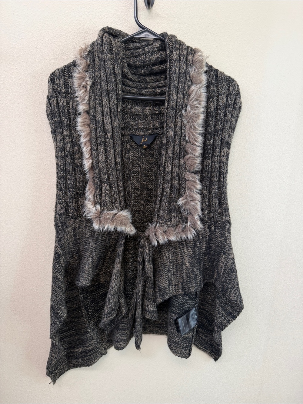 Jack by BB Dakota Gray Knit Faux Fur Trim Tie-Front Vest